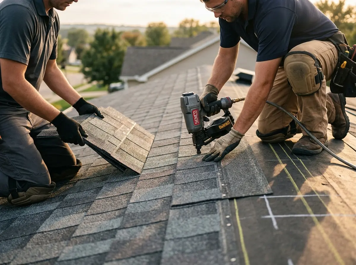 Professional roofer working on a residential roof in Dry Run